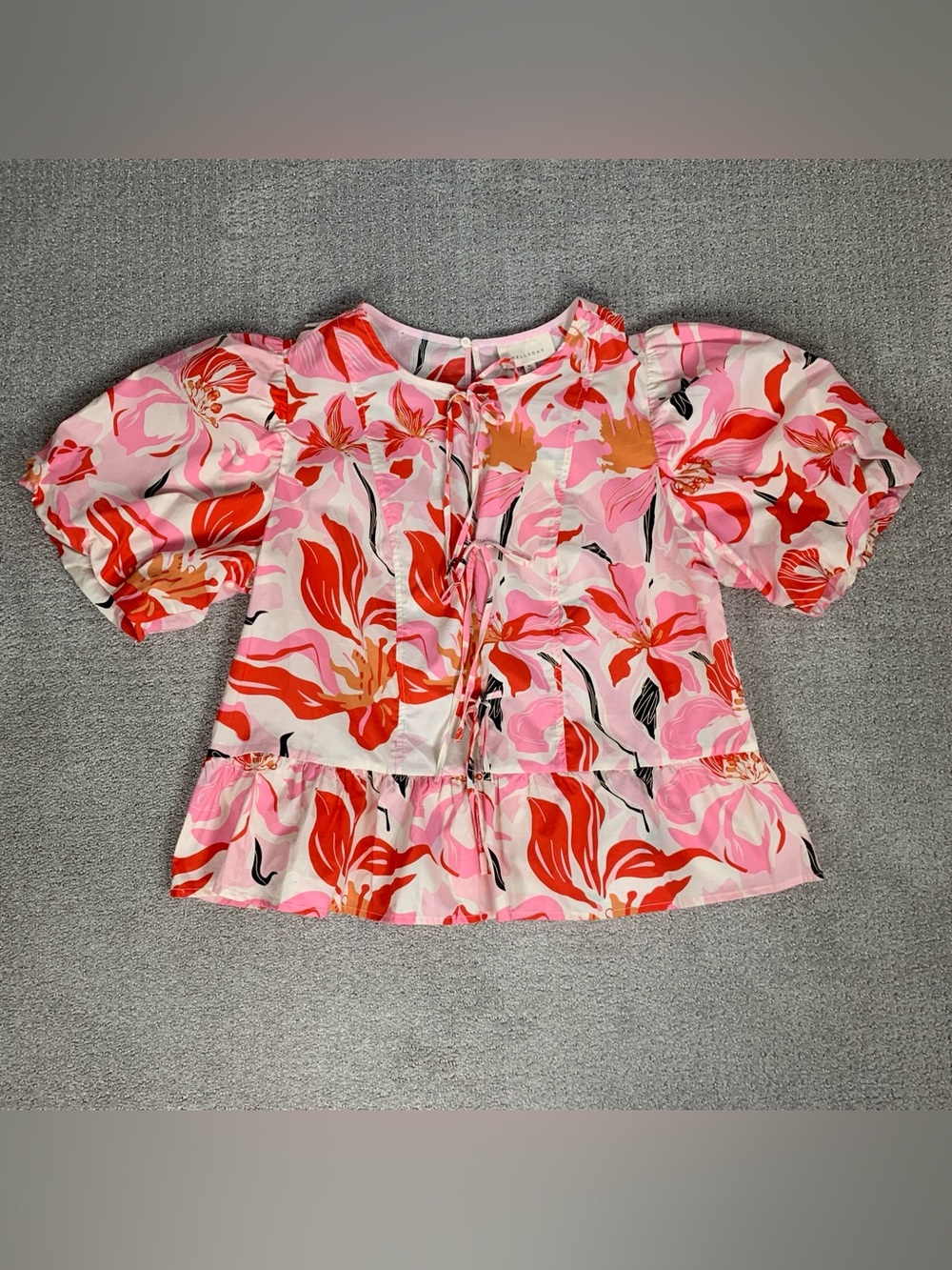 NWT Melloday Floral Puff Sleeve Tie-Front Peplum Blouse Pink Women's XL Garden